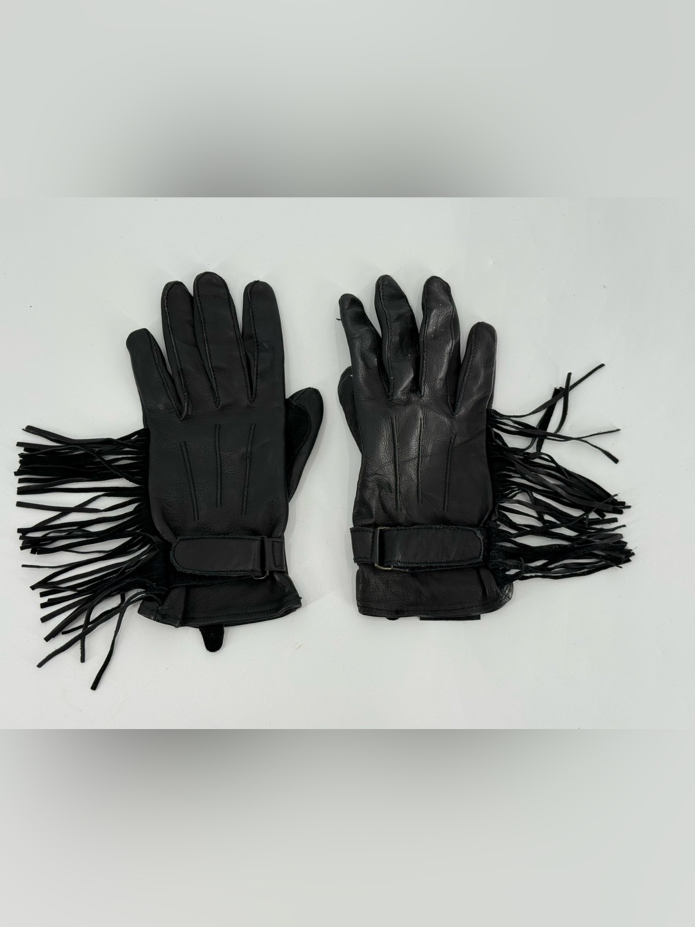 Bikers Club Vintage Ladies Leather Biker Gloves Fringe Black Leather M